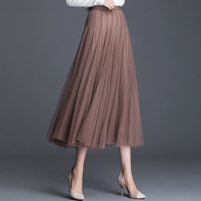 Mid-Waist Pleated Flowy Mesh Lace Skirt