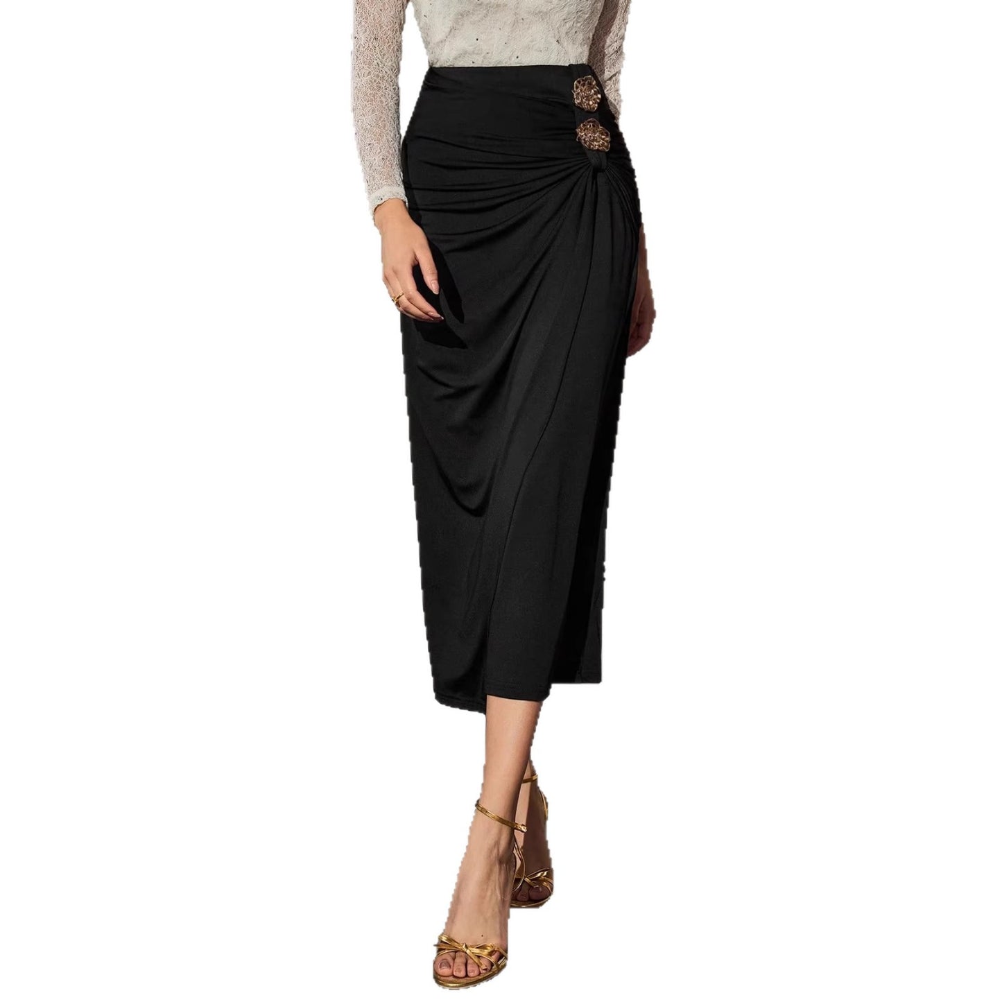 High Waisted Skirt with Rose Metal Buckle