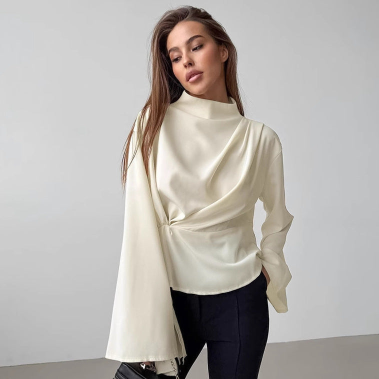 Stand Collar Chiffon Bell Sleeve Pleated Blouse