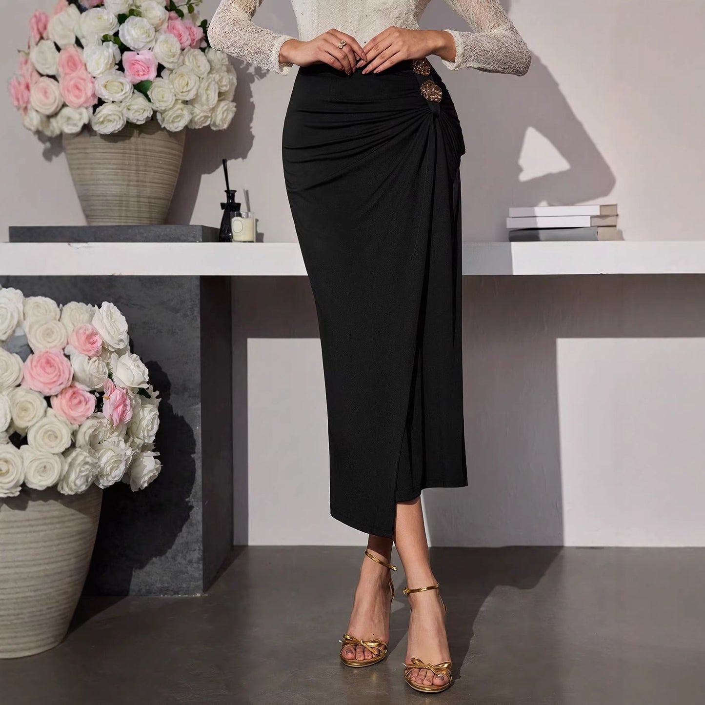 High Waisted Skirt with Rose Metal Buckle