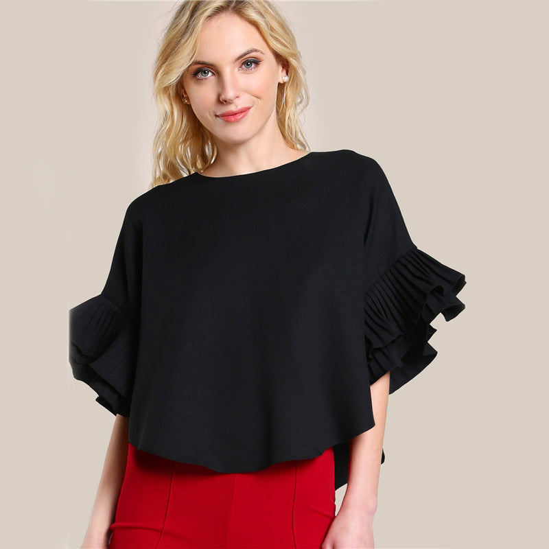Ladies T-shirt Round Neck Lotus Leaf Double Layer Bell Sleeve Short Chic Top
