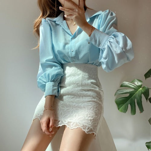 Casual Lantern Sleeve Shirt Blouse