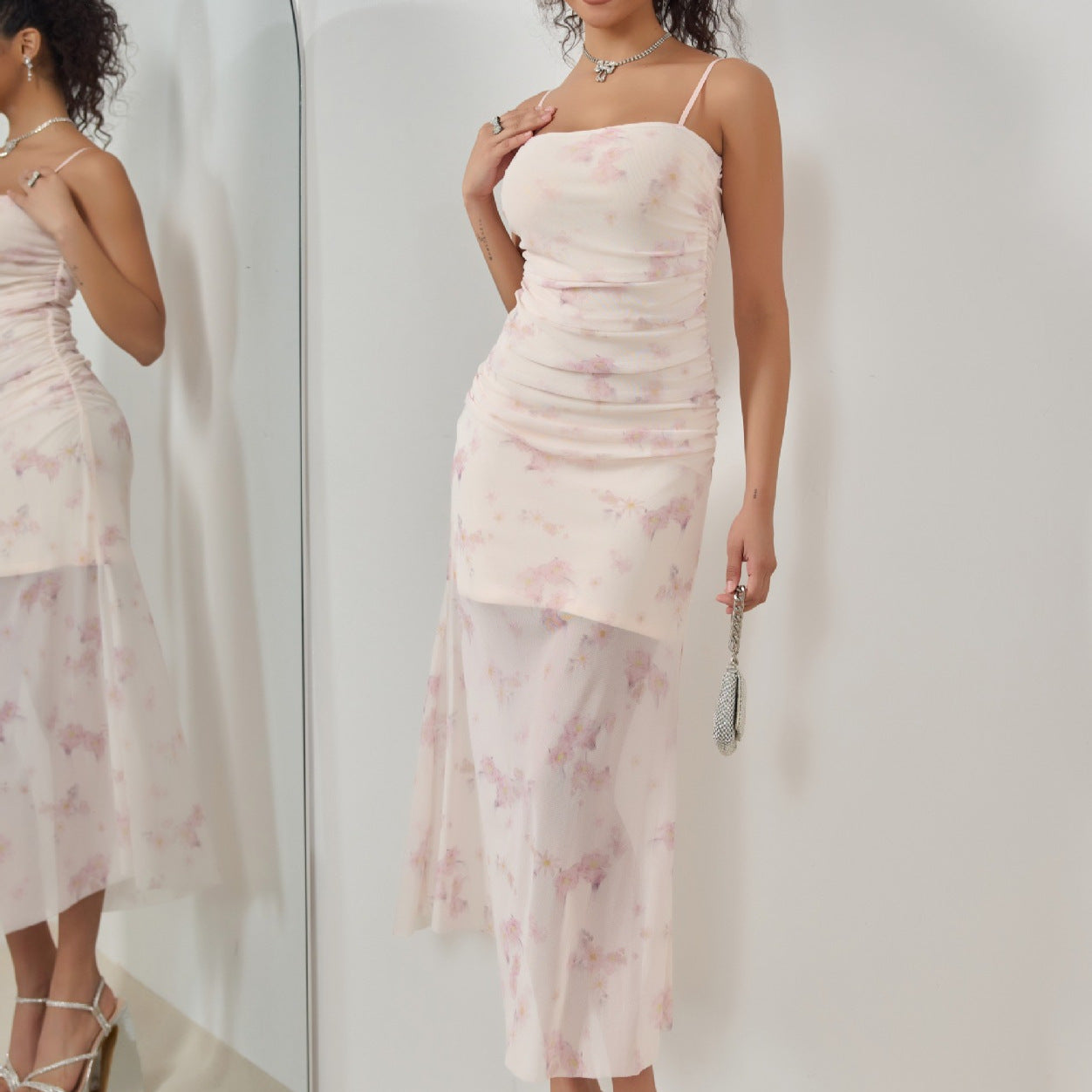 Sweet Printed Pleated Suspender Dress Vacation Style