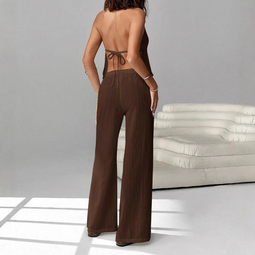 Halterneck Strap Sexy Backless Sleeveless Tank Top Set