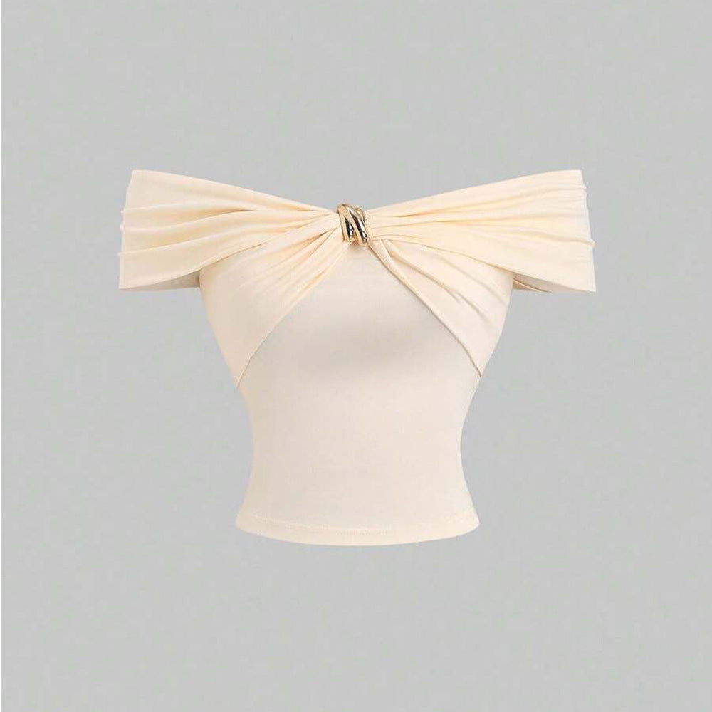 Metal-Clasp Off-Shoulder Short Sleeve CropTop