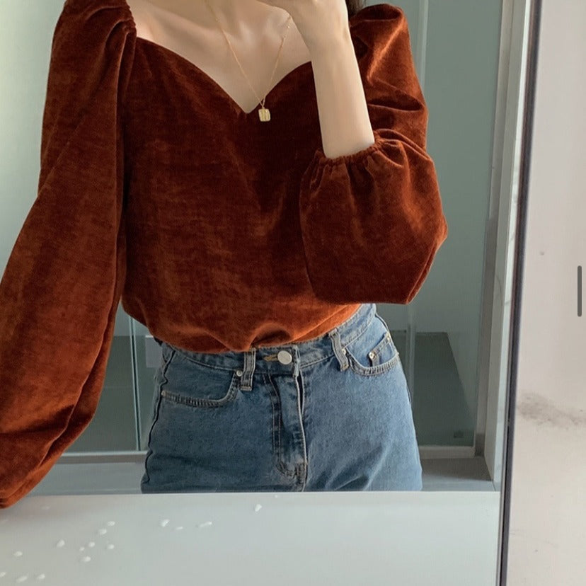Square Neck Puff Sleeve Velvet Shirt Long Sleeve