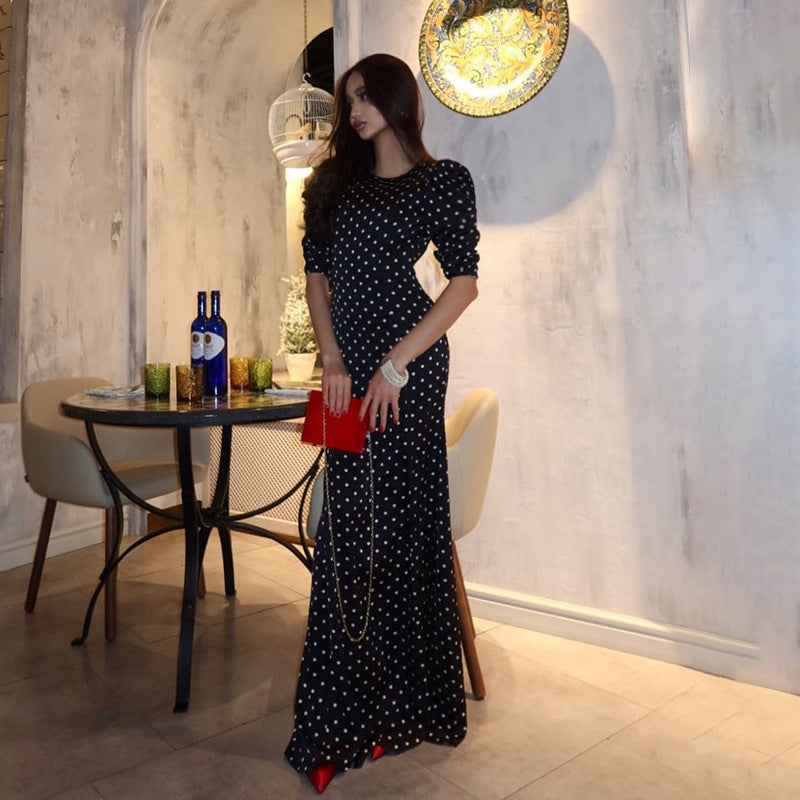 Polka Dot Backless Long Sleeve Mermaid Dress