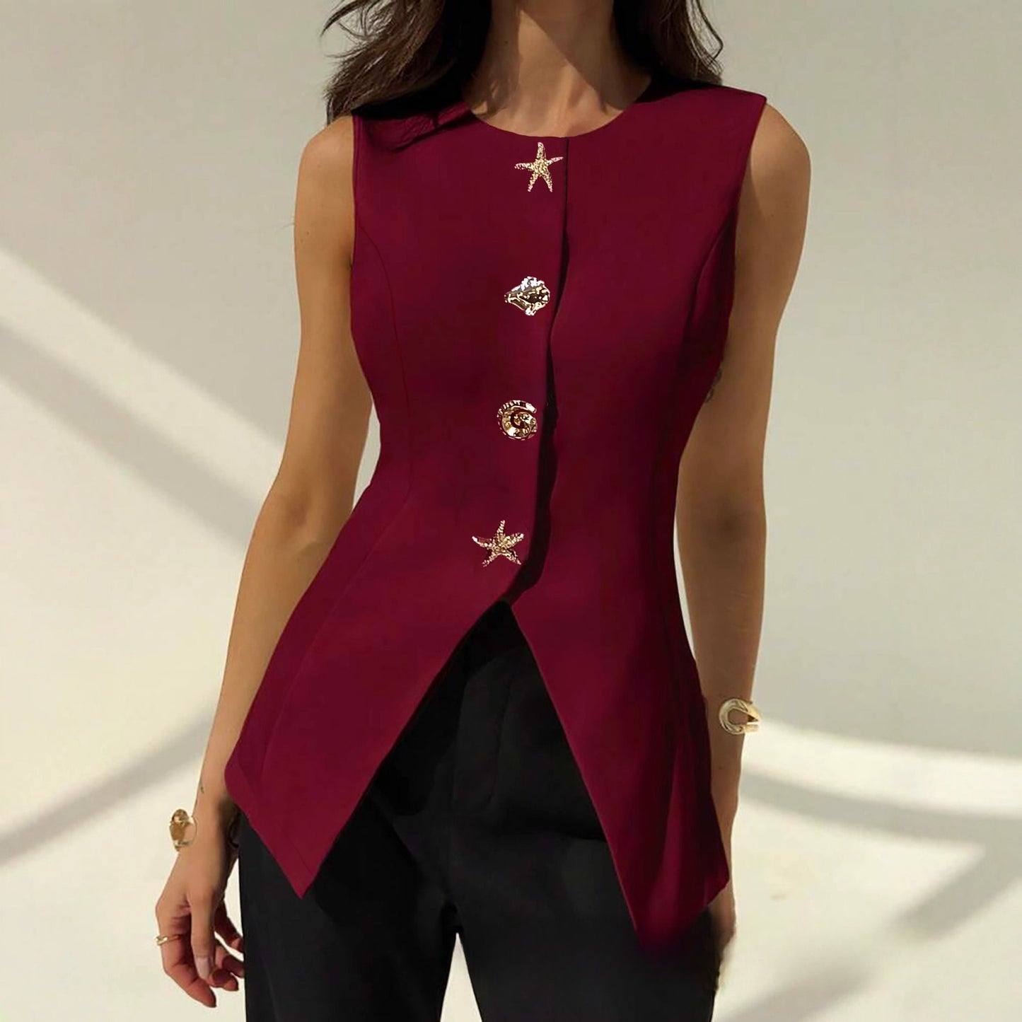 Sleeveless Waist-cinching Button Vest