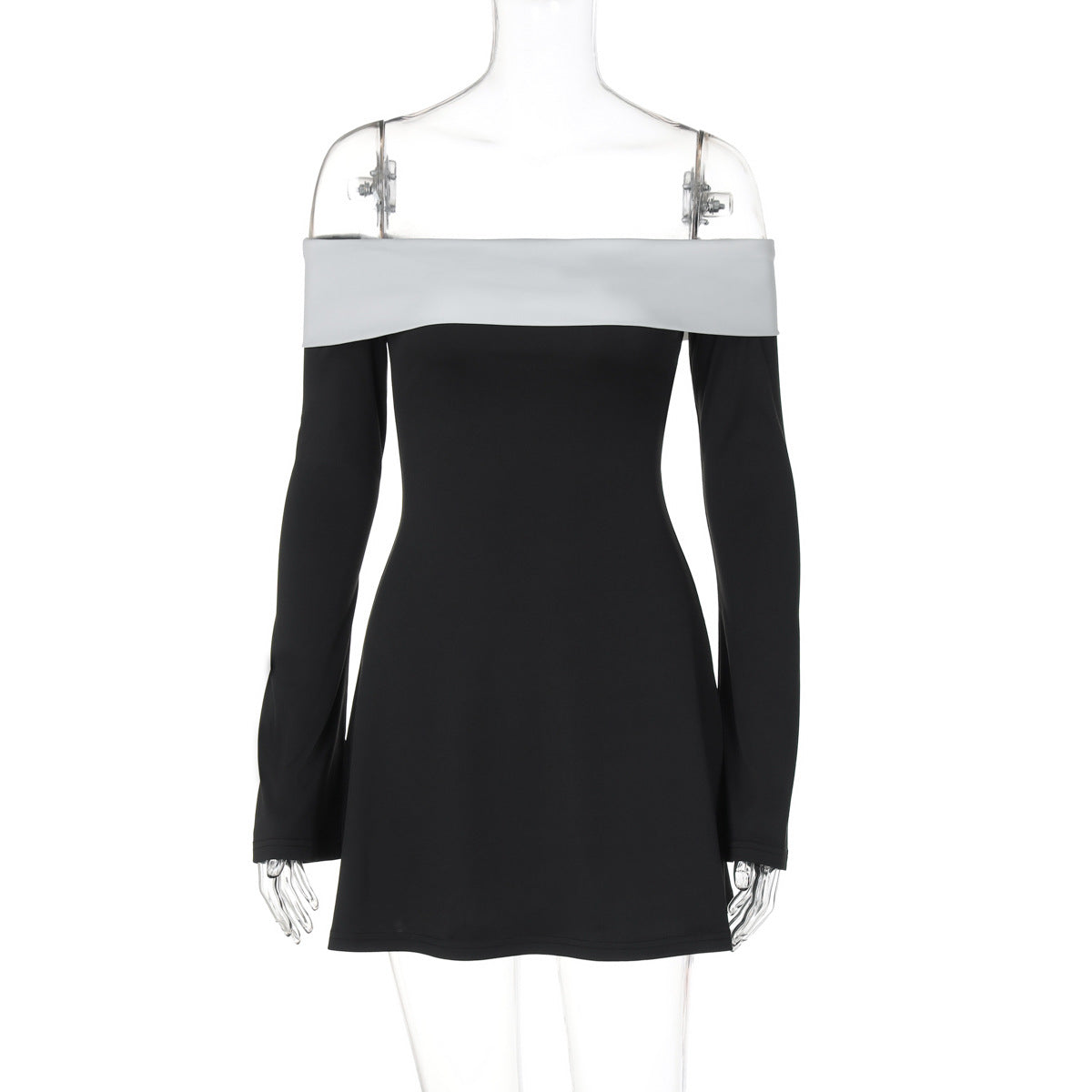 Fashion Color Contrast Laminated Chest Wrap Long Sleeve Dress
