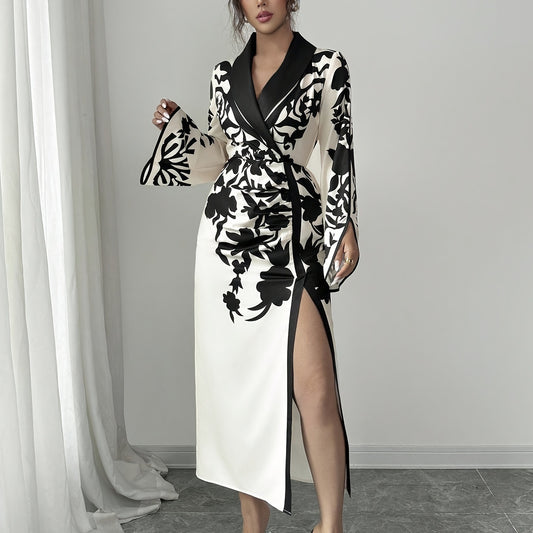 Floral Print Cross Neckline Slit Maxi Dress