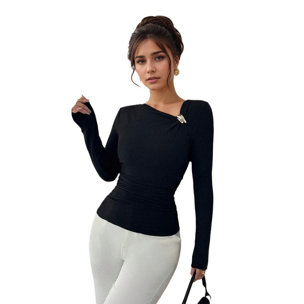 Oblique Collar Pleated Slim Base TShirt