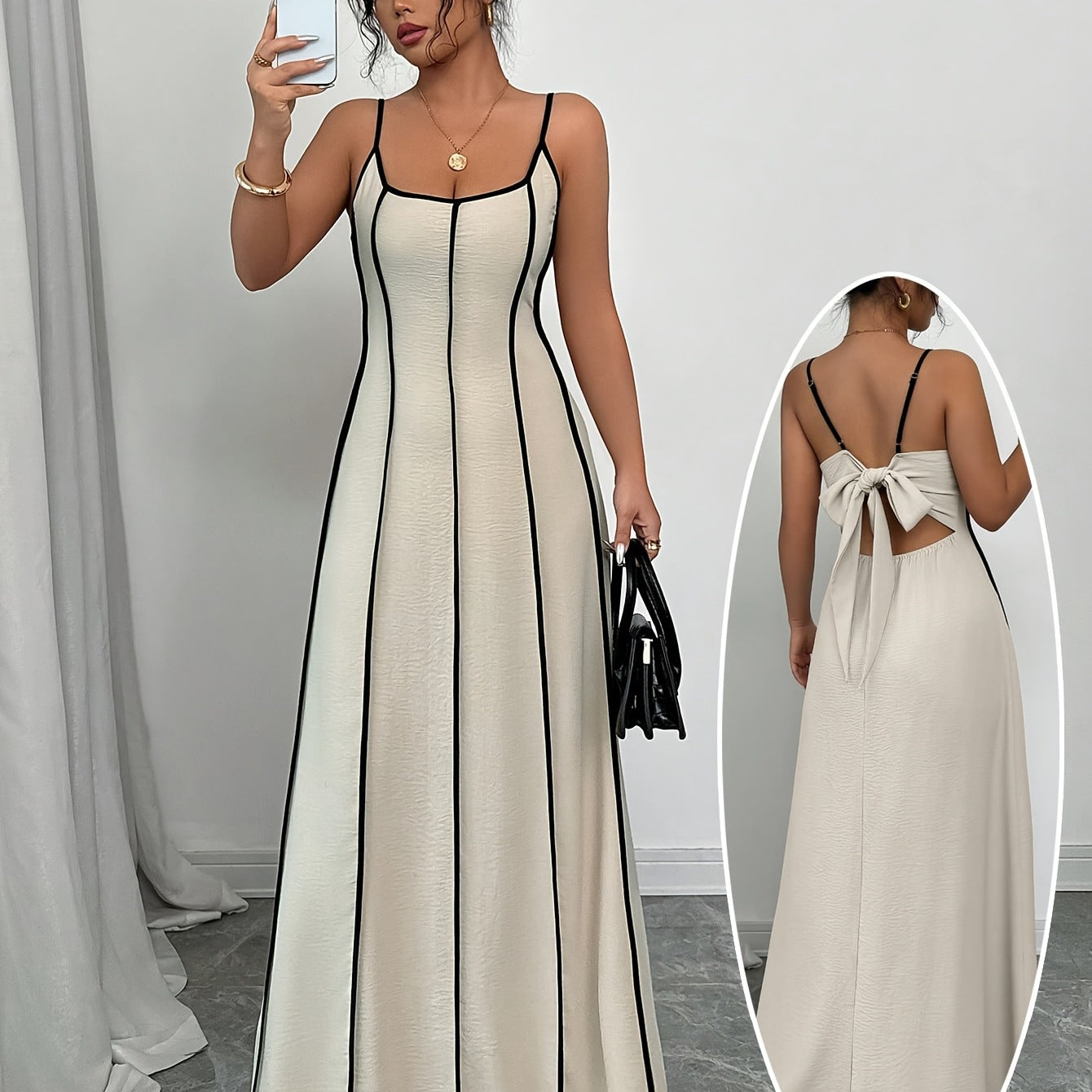 Women's Spaghetti-Strap Backless Colorblock Slip Dress