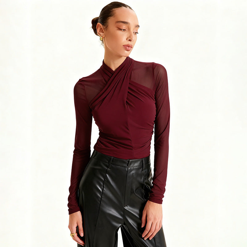 Round-neck Cross-perspective Mesh Spliced Top Blouse