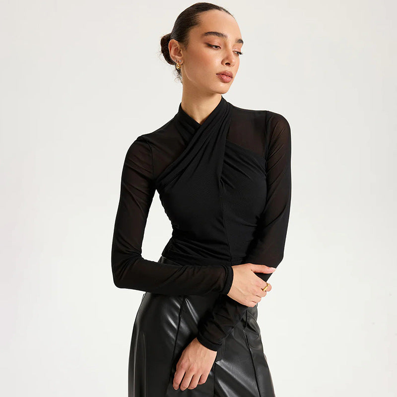 Round-neck Cross-perspective Mesh Spliced Top Blouse