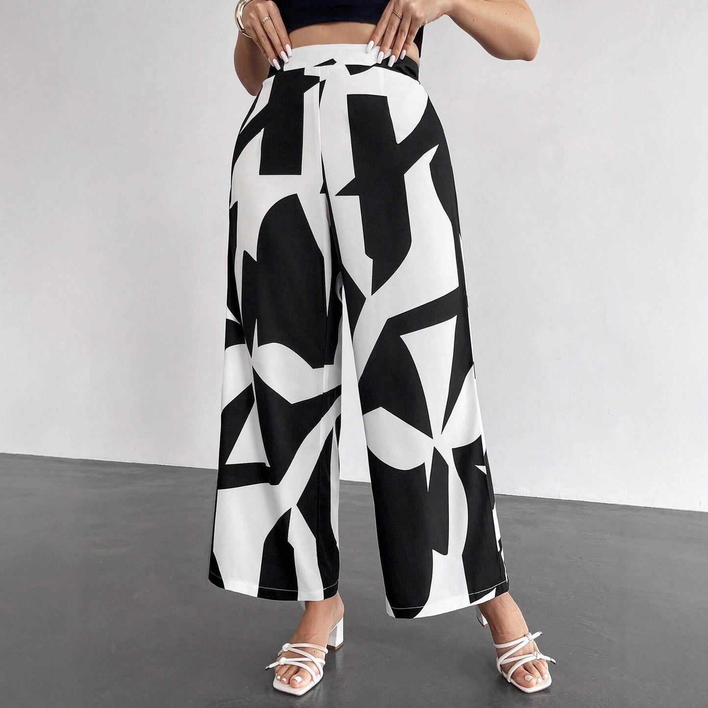 Womens High-Waisted Wide-Leg Pants With Geometric Print Straight-Leg Womens Trousers