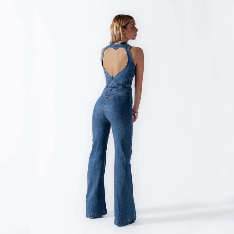 Summer Slim Heart-shape Backless Denim Jumpsuit