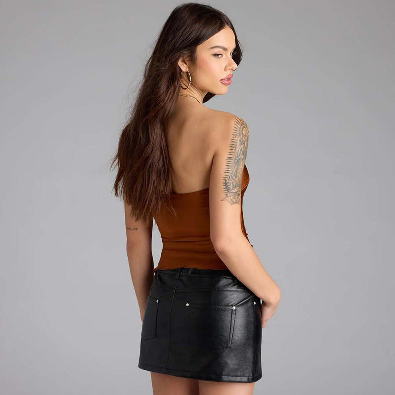 Strapless Buckle Beveled Tight Top Blouse