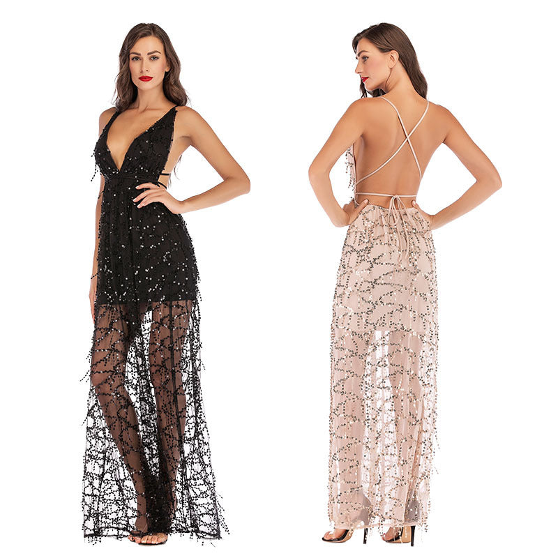 Sequined suspender tassel dress