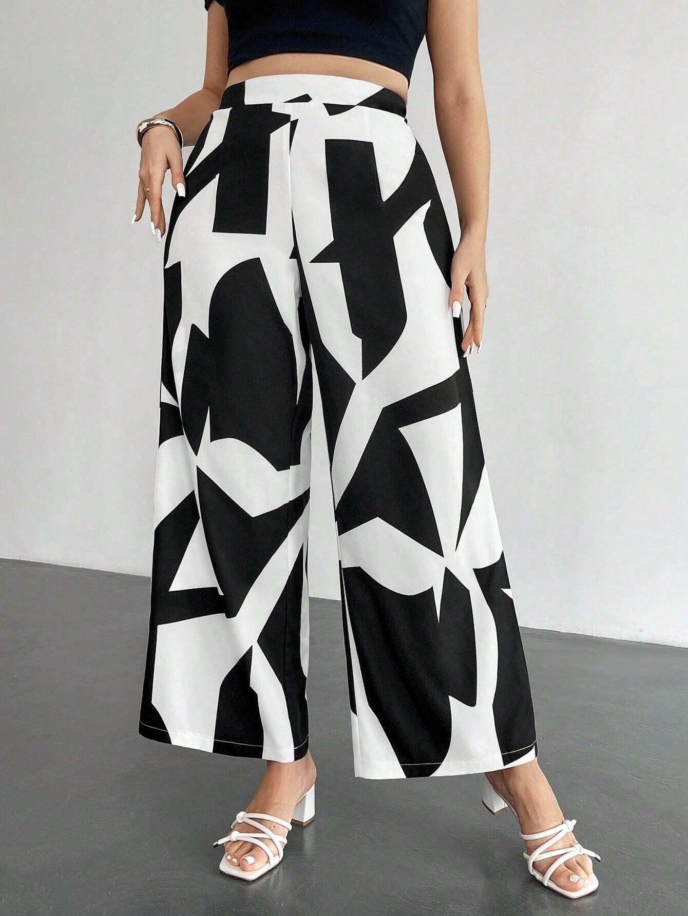 Womens High-Waisted Wide-Leg Pants With Geometric Print Straight-Leg Womens Trousers