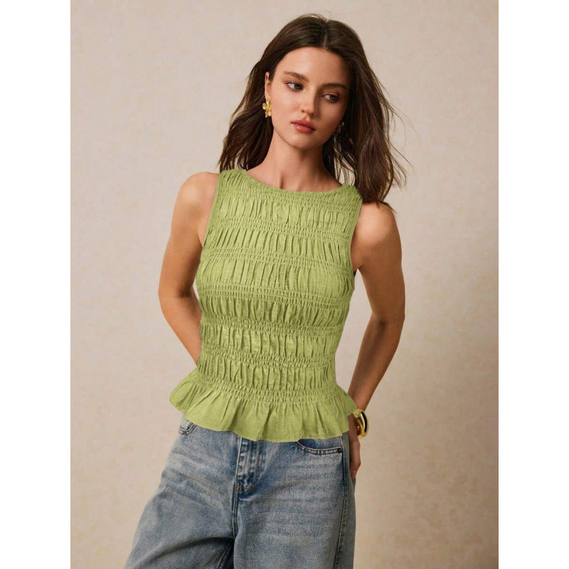 Womens Solid-Color Pleated Crew-Neck Casual Tank Top