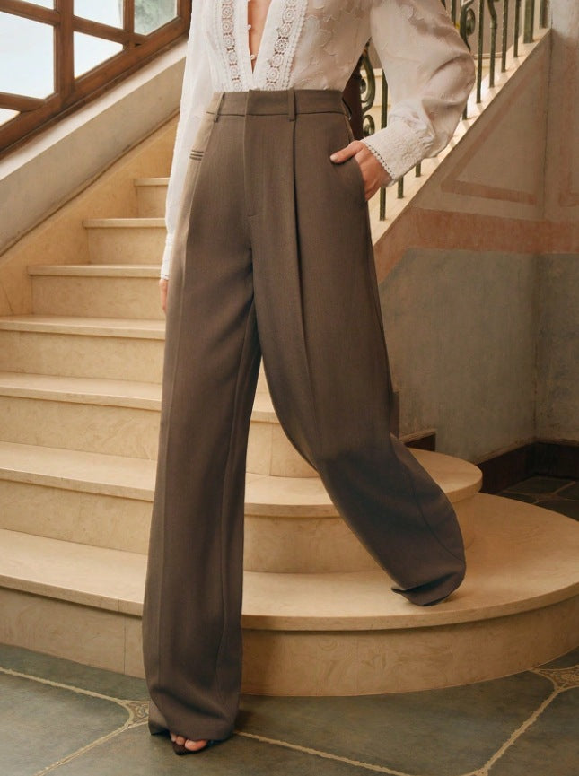 High-Waisted Versatile White Straight-Leg Suit Pants
