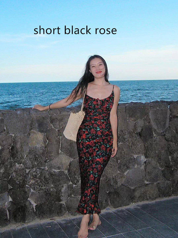 Rose Floral Suspender Dress Retro Fishtail