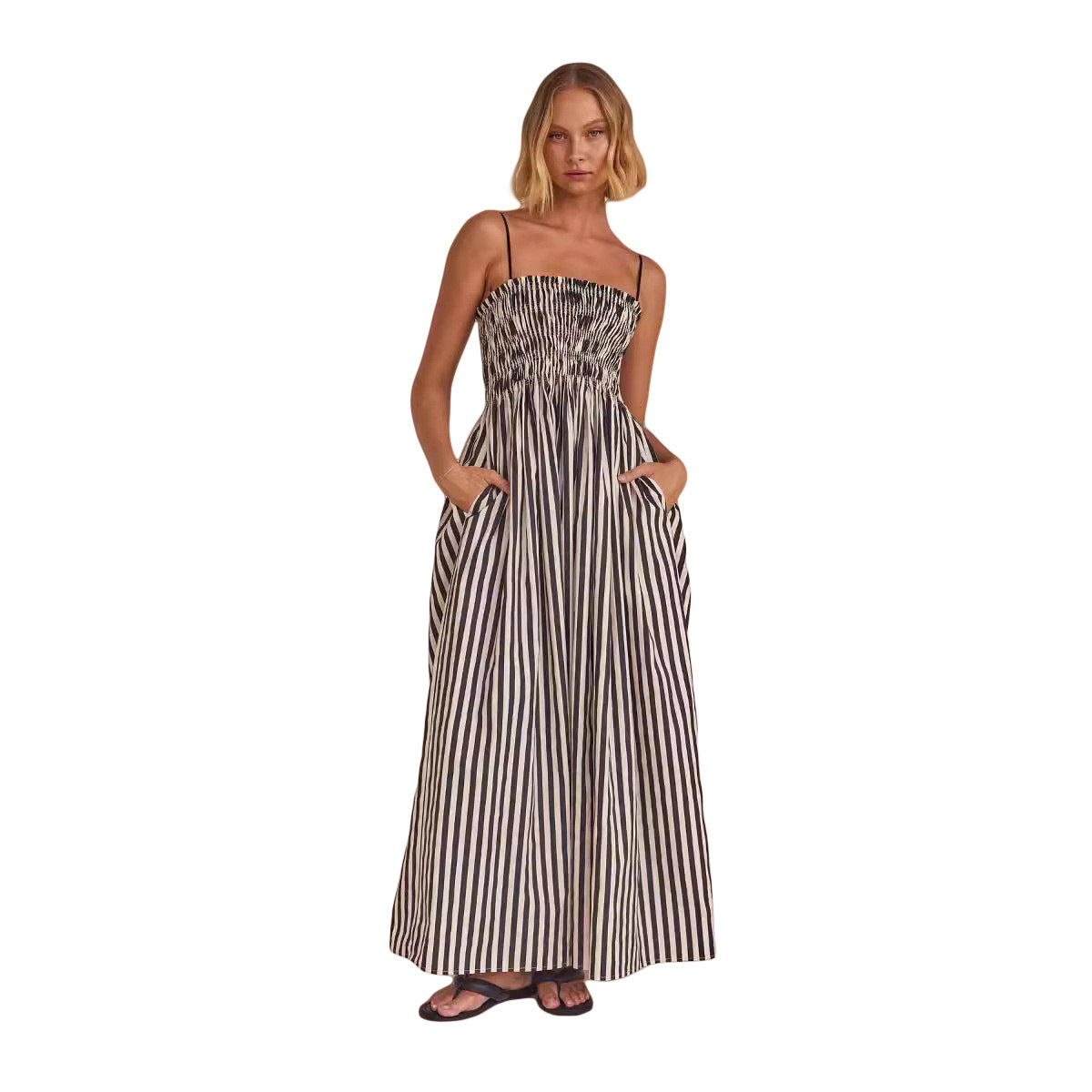 Striped Printed Swing Pocket Sling Dress