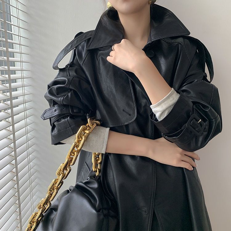 Mid-length Waist Slimming Pu Coat