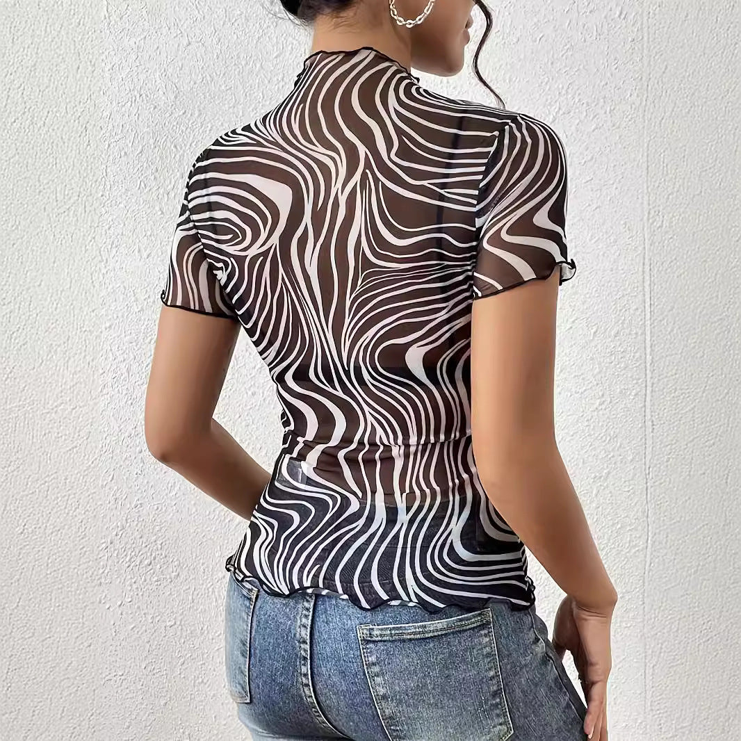 See Through Design Mesh Top Blouse