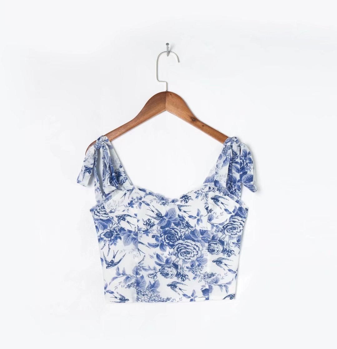 Florral Vintage Print Slim Crop Top