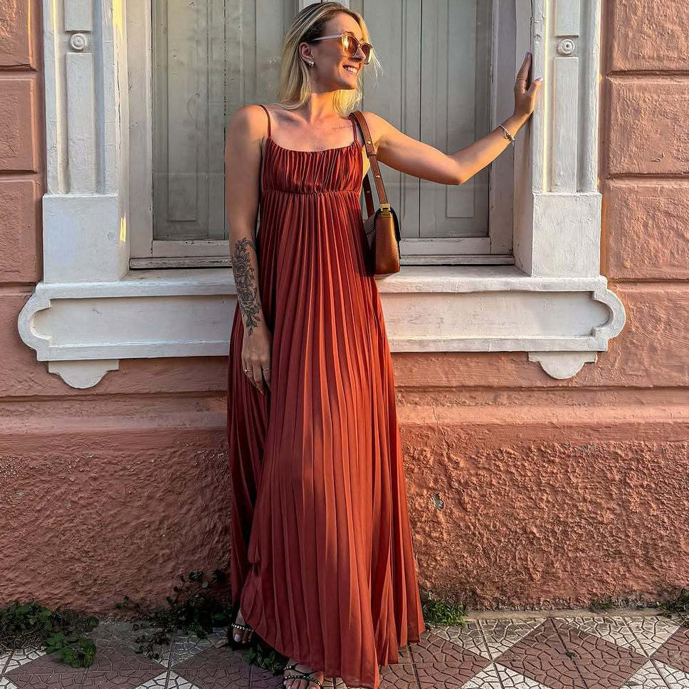 Vacation Spaghetti Straps Pleated Dress
