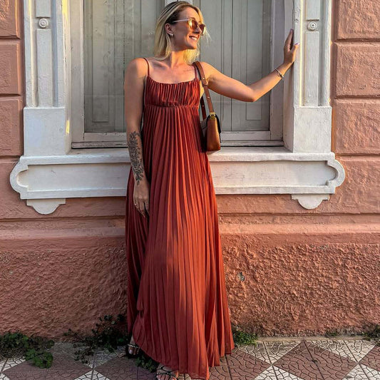 Vacation Spaghetti Straps Pleated Dress