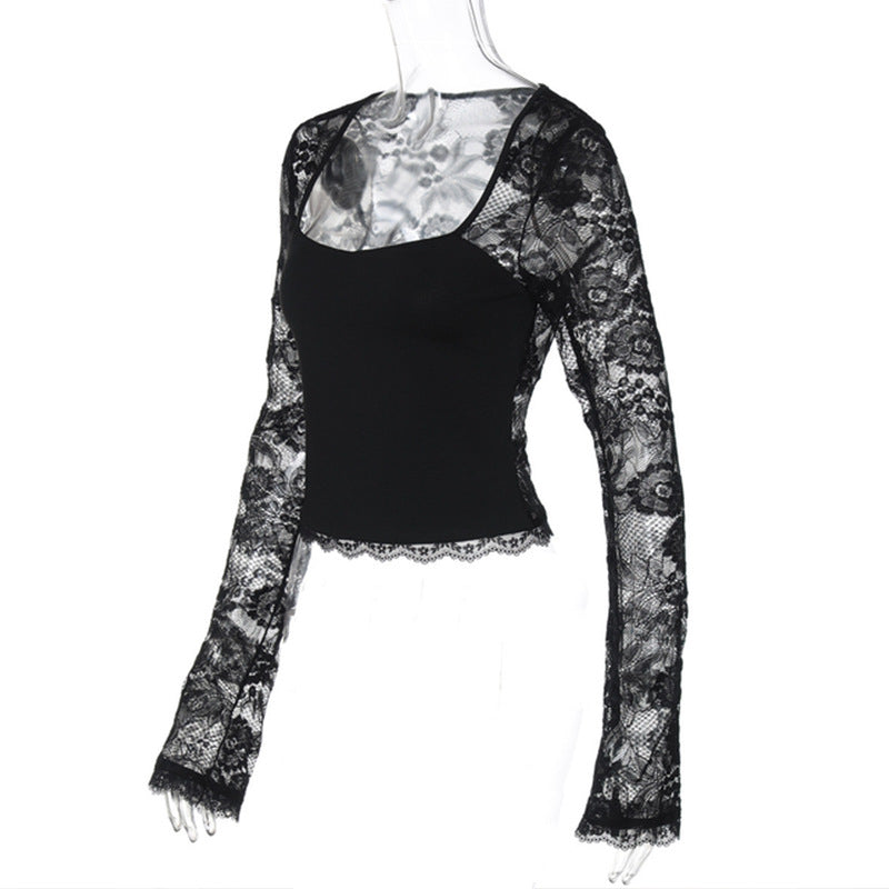 Womens Lace Hollow-Out back lace Patchwork Long-Sleeve TopT-Shirt