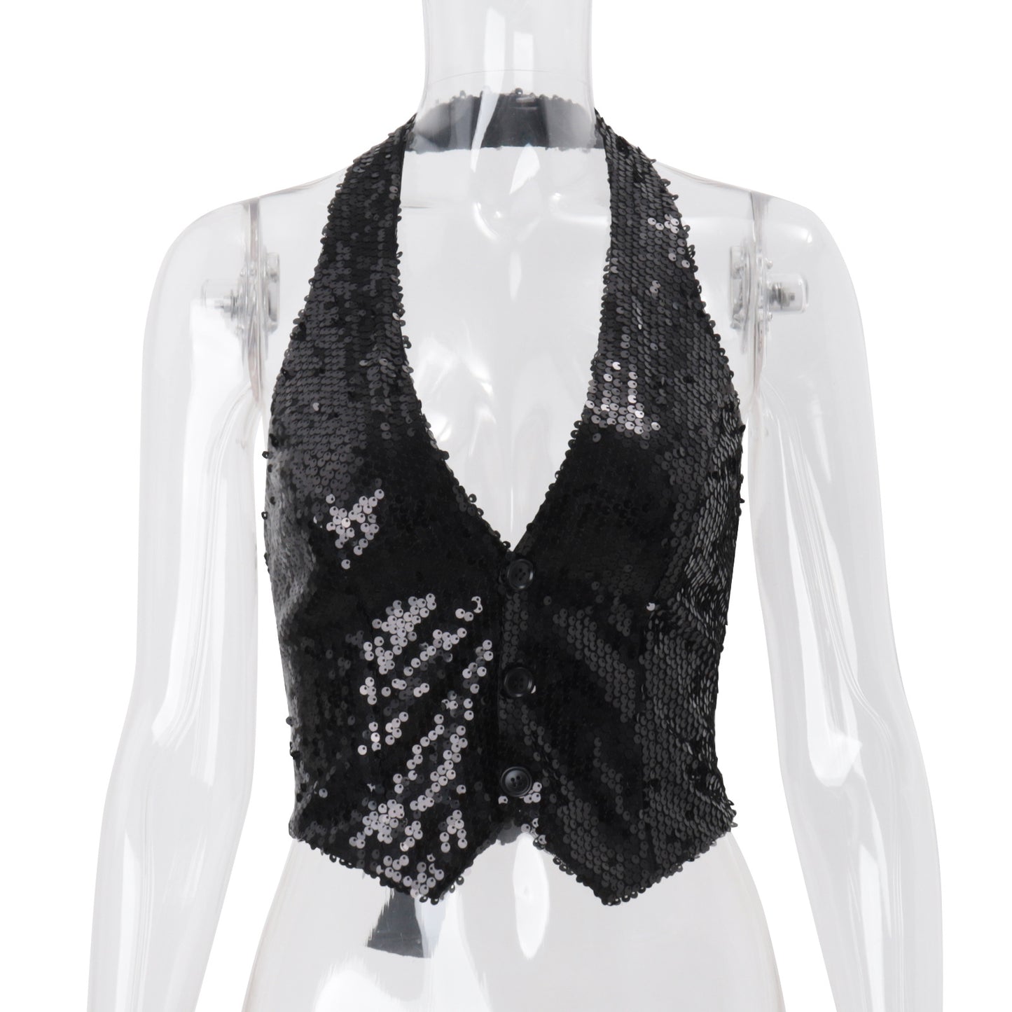 Halterneck Sequins Backless Button-up Crop Top