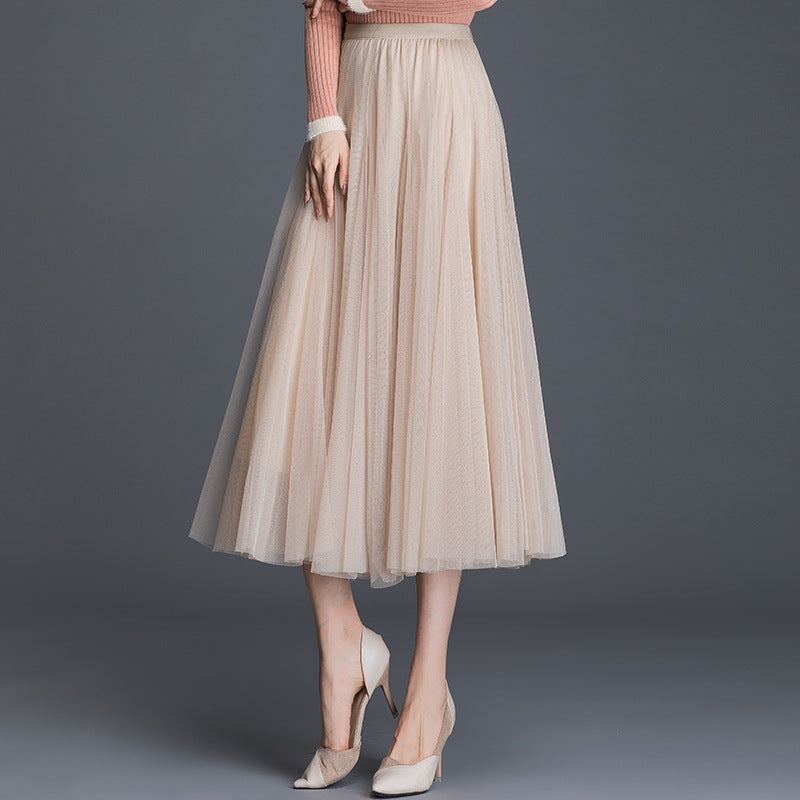 Mid-Waist Pleated Flowy Mesh Lace Skirt