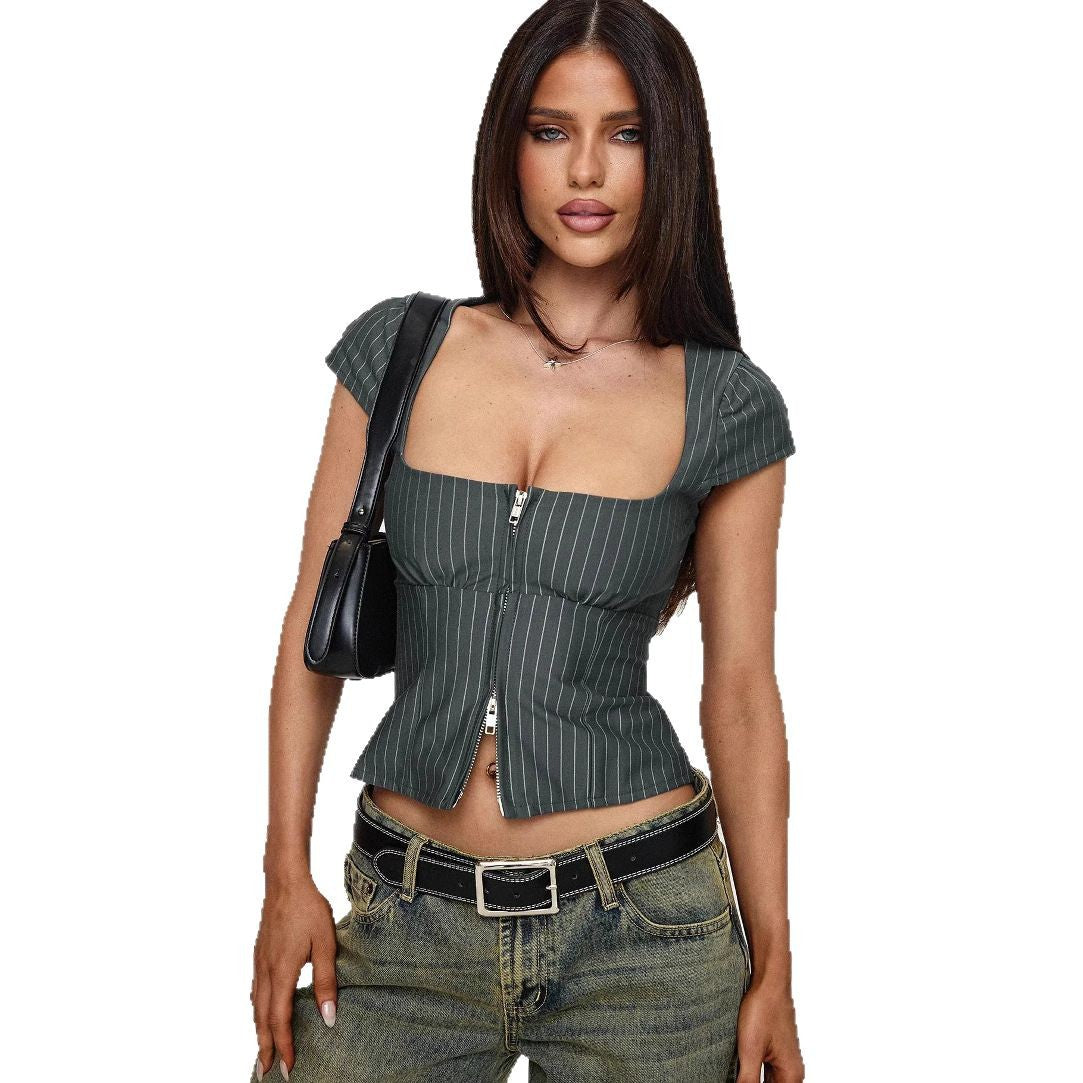 Retro Square-neck Short-sleeve Top With Double Zippers