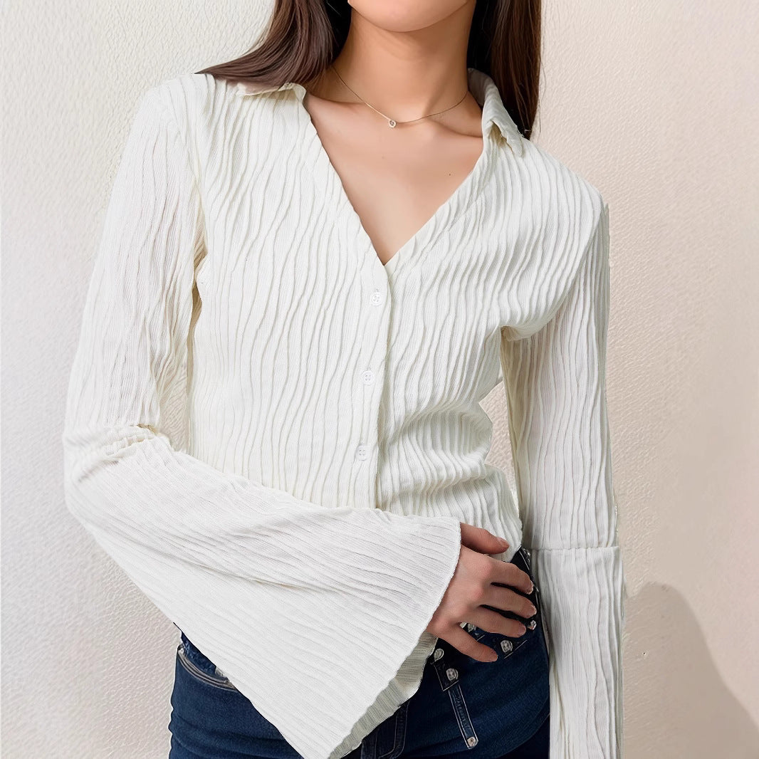 Lapel Cardigan Flare Sleeve Blouse