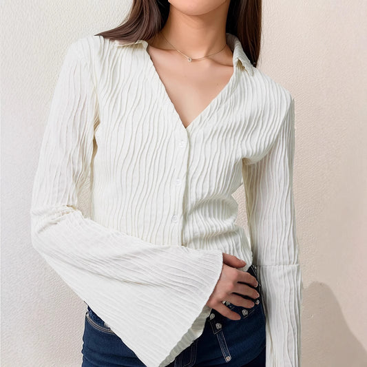 Lapel Cardigan Flare Sleeve Blouse