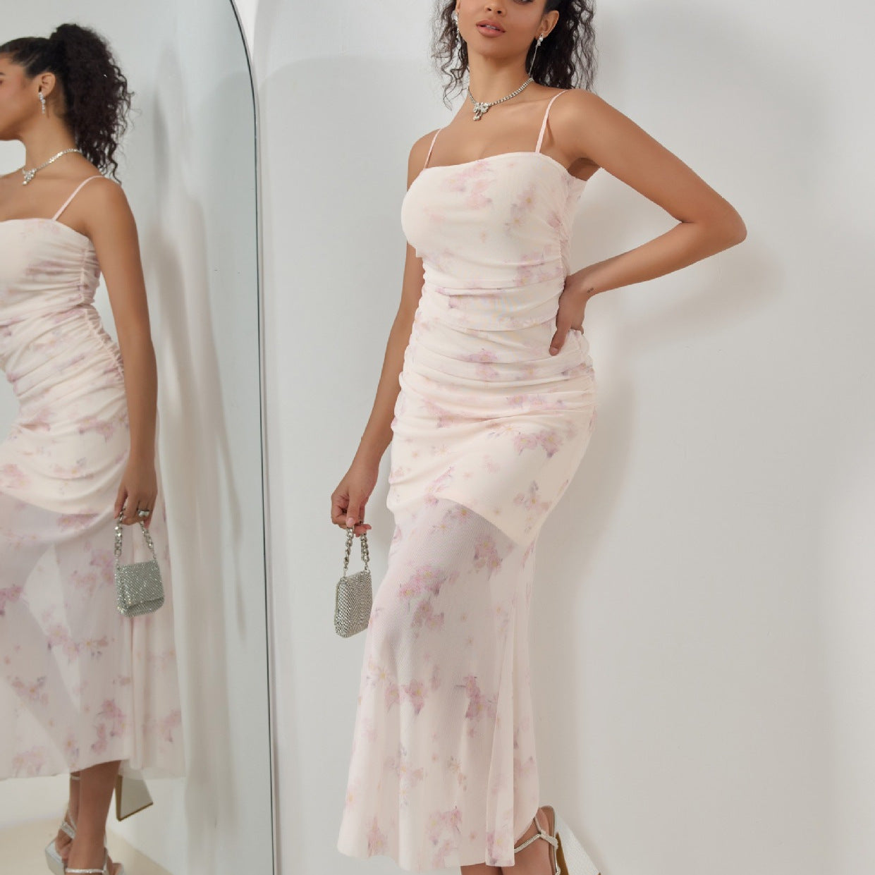 Sweet Printed Pleated Suspender Dress Vacation Style