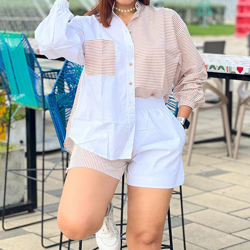 Loose-fitting Striped Long Sleeves Shirt Wide Leg Shorts Suit