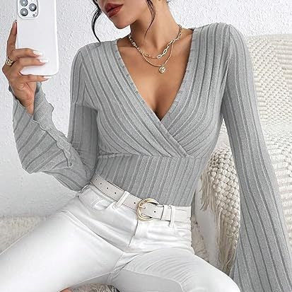 Sunken Stripe V-neck Flared Slim-fit Blouse
