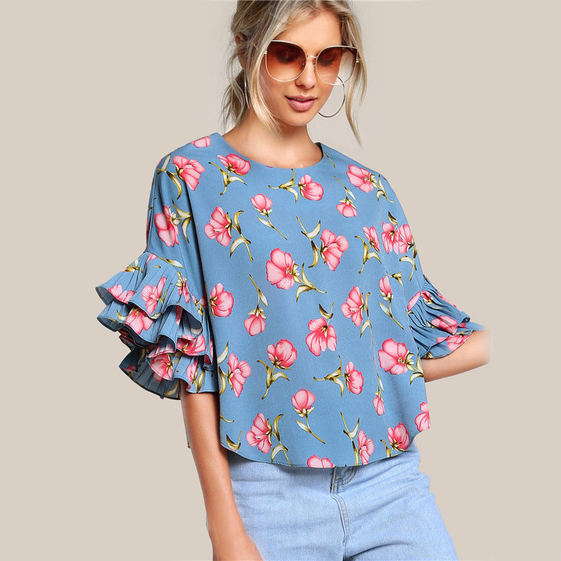 Ladies T-shirt Round Neck Lotus Leaf Double Layer Bell Sleeve Short Chic Top