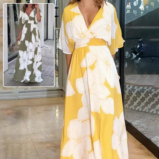 Flower Printed V-neck Batwing-sleeved Dress Fashion Elegant Backless Long Dresses Women's Clothing