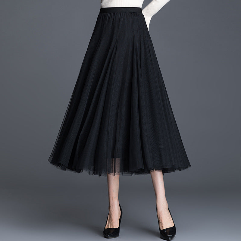 Mid-Waist Pleated Flowy Mesh Lace Skirt
