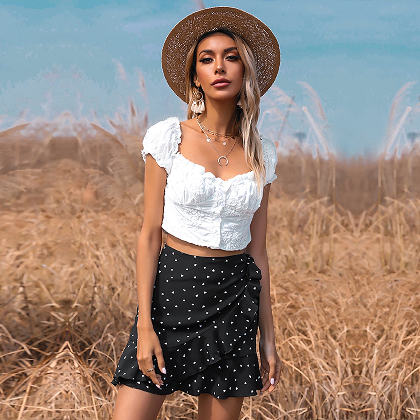 Lace Up Ruffle Love Print Skirt