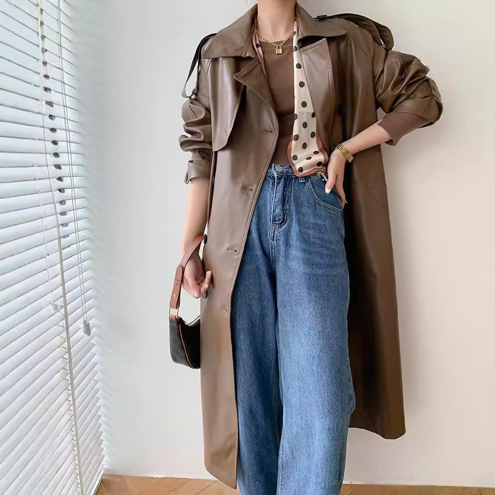 Mid-length Waist Slimming Pu Coat