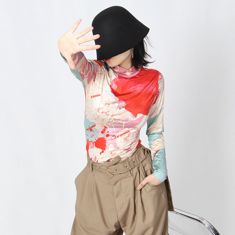 Women's Fashionable Vintage Printed Turtleneck Long Sleeve Slim Bottoming Shirt