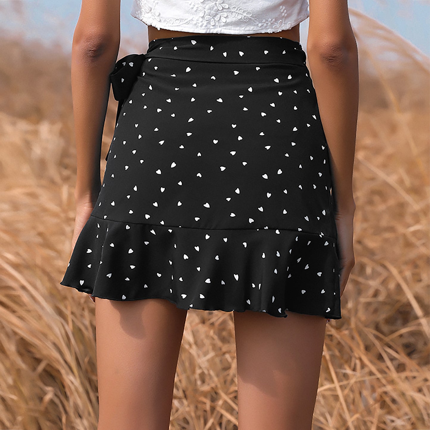 Lace Up Ruffle Love Print Skirt