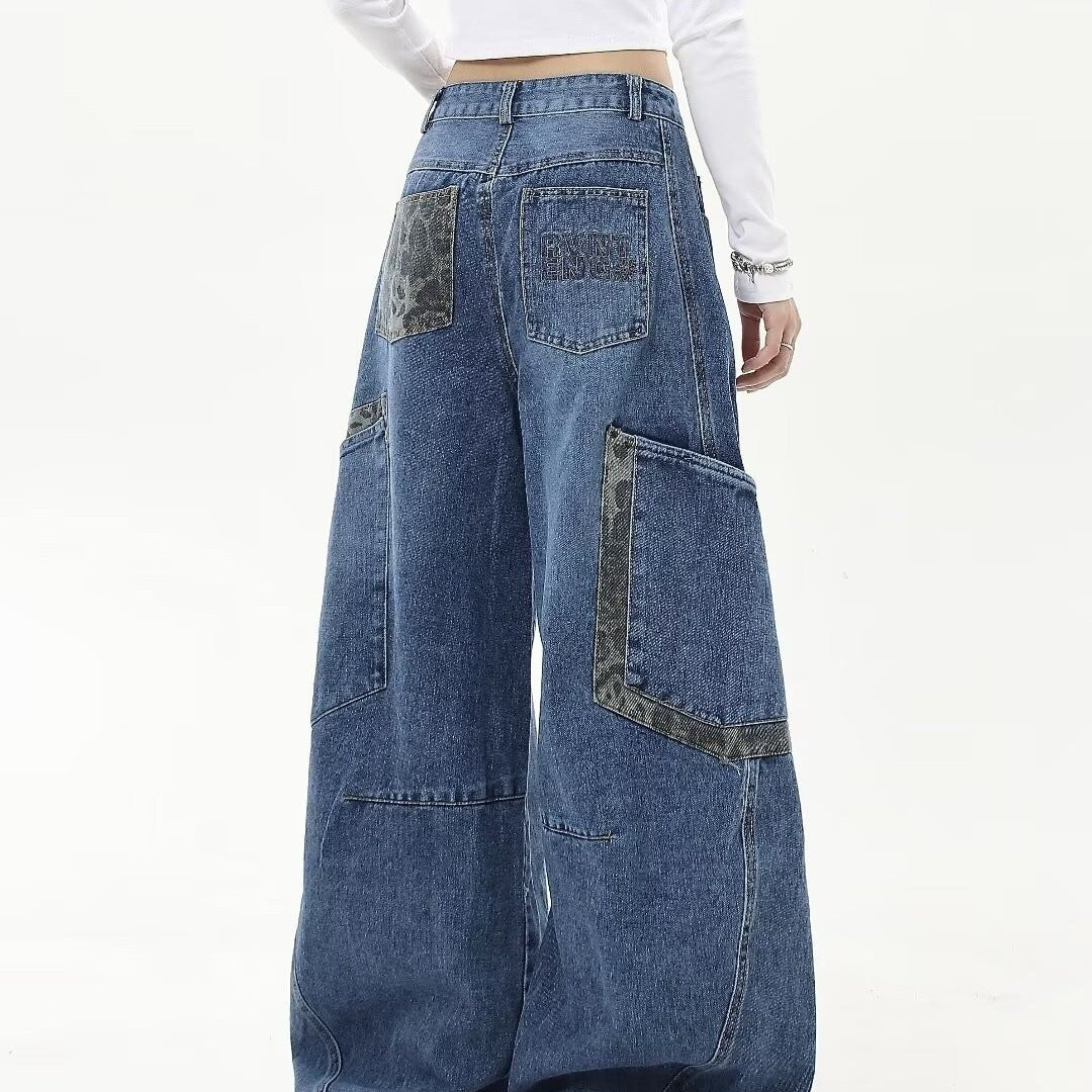 Vintage Leopard Print Patchwork Large Pocket Jeans
