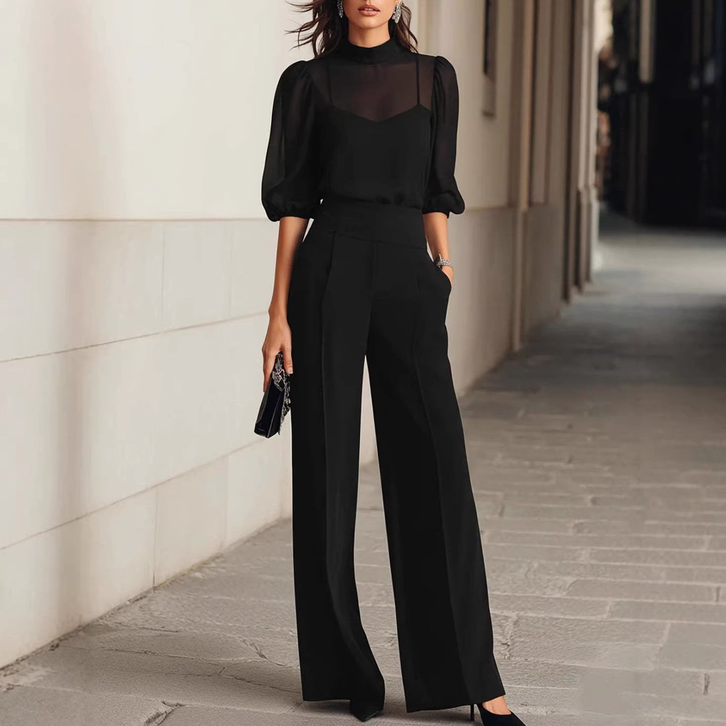 Figure-flattering Printed Short-sleeve Wide-leg Pants Three-piece Set